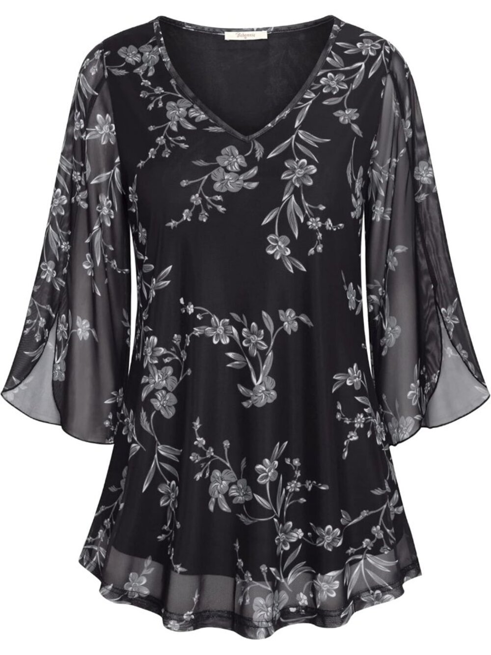 Bebonnie Women's Top Black Ruffle 3/4 Sleeves V Neck Double Layers Mesh Blouses